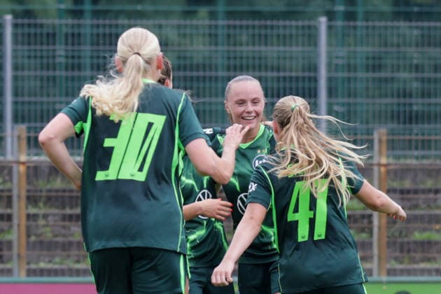 August 1, 2026, xgrfx, Women s Soccer Friendly Match, RB Leipzig vs. VfL Wolfsburg, goal, Lou Bogaert, 0–3 VfL Wolfsburg. DFL and DFB regulations prohibit any use of photographs as image sequences and or quasi-video. Leipzig