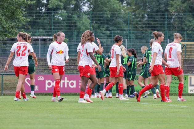 August 1, 2026, xgrfx, Women s Soccer Friendly Match, RB Leipzig vs. VfL Wolfsburg, goal, Lou Bogaert, 0–3 VfL Wolfsburg. DFL and DFB regulations prohibit any use of photographs as image sequences and or quasi-video. Leipzig