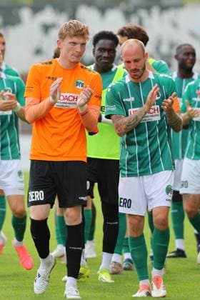August 26, 2026, GER, Regionalliga Nord, Soccer, Matchday 1, 2026–2027 Season, Dietmar Scholze Stadium at the Lohmuehle, VfB Lübeck vs. SC Weiche Flensburg Final Score 1–1 Thanks to the fans after the game Goalkeeper Finn Böhmker Finn Boehmker VfB Lübeck 01 Marvin Thiel VfB Lübeck 13 Photo: nordphoto GmbH Tauchnitz Lübeck Dietmar Scholze Stadium at the Lohmuehle, SH, Germany Copyright: xnordphotoxGmbHx xTauchnitzx