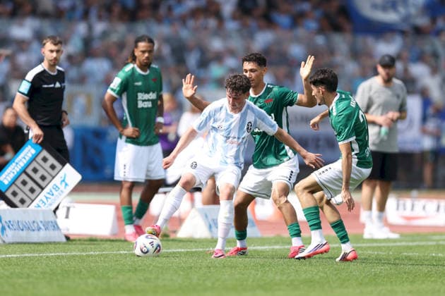 August 1, 2026, Men s Soccer, 2026–2027 Season, Bavarian Regional League, Matchday 2: 1 FC Schweinfurt 1905 vs. TSV 1860 Munich; Lance Fiedler 47, TSV 1860 Munich in a duel with Mustafa Alper Özden 20, 1 FC Schweinfurt 1905, and Leonard Krasniqi 29, 1 FC Schweinfurt 1905, Schweinfurt, Sachs Stadium, Bavaria, Germany