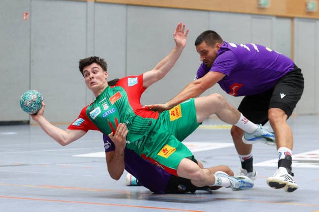 August 1, 2026, xtgx, Handball Friendly Match: SC Magdeburg vs. Corotop Gwardia Opole, emspor, from left: Tim Thielicke (Magdeburg), 8th tackle, duel, battle, tackle, Ilsenburg