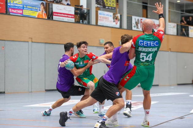 August 1, 2026, xtgx, Handball Friendly Match: SC Magdeburg vs. Corotop Gwardia Opole (emspor), from left: Tim Thielicke (Magdeburg), 8th tackle, duel, battle, tackle, Ilsenburg