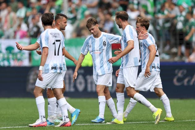 August 1, 2026, Men s Soccer, 2026–2027 Season, Bavarian Regional League, Matchday 2: 1 FC Schweinfurt 1905 vs. TSV 1860 Munich, Emre Erdogan 19, TSV 1860 Munich and Michael Eberwein 13, TSV 1860 Munich celebrate the 1–1 draw at Schweinfurt’s Sachs Stadium, Bavaria, Germany