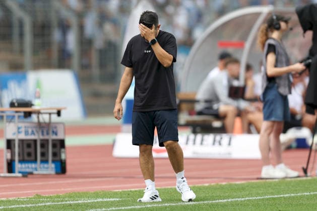 August 1, 2026, Men s Soccer, 2026–2027 Season, Bavarian Regional League, Matchday 2: 1 FC Schweinfurt 1905 vs. TSV 1860 Munich; Alper Kayabunar, Head Coach; TSV 1860 Munich is frustrated after his team missed a scoring opportunity; Schweinfurt Sachs Stadium, Bavaria, Germany