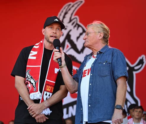 August 1, 2026, xophax, Soccer, Bundesliga 1, 1. FC Köln Season opener for 1. FC Köln at the Rhein Energie Stadium; the team is introduced to the fans. Coach Rene Wagner of 1. FC Köln (left) and stadium announcer Michael Trippel (right), Cologne
