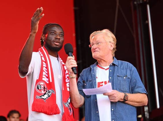 August 1, 2026, xophax, Soccer, Bundesliga 1, 1. FC Köln Season opener for 1. FC Köln at the Rhein Energie Stadium; the team is introduced to the fans: Gideon Mensah of 1. FC Köln and Michael Trippel, right, Cologne