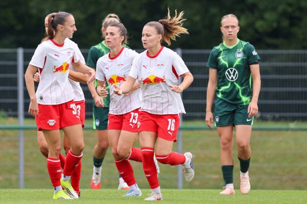 Markranstädt, Germany, August 1, 2026: Friendly match between RB Leipzig Women and VfL Wolfsburg Women. Pictured from left: Annabel Schasching of RB Leipzig, the third goal scorer, on the right, converts the penalty kick and scores the goal to make it 1–3 for Leipzig. Copyright: HMBxMedia MadeleinexFantini