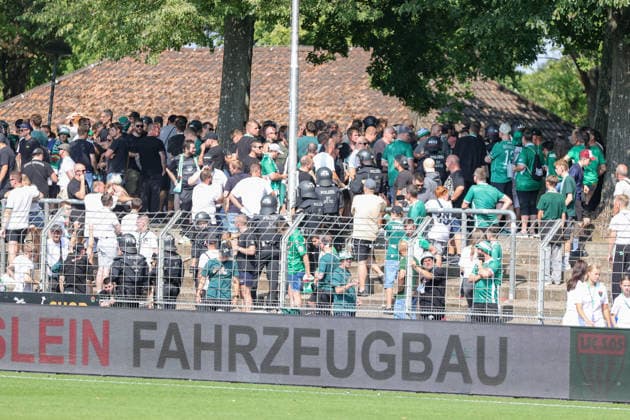 August 1, 2026, Men s, Soccer, 2026–2027 season, Bavarian Regional League, Matchday 2: 1 FC Schweinfurt 1905 vs. TSV 1860 Munich; Police intervention in the Schweinfurt fan section after the final whistle at the Schweinfurt Riedel Bau Arena in the Sachs Stadio, Bavaria, Lower Franconia, Germany