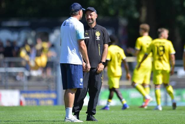 VfL Bochum U21 vs. Borussia Dortmund U23 ** FOR EDITORIAL USE ONLY ** EDITORIAL USE ONLY ** p Soccer Regionalliga West 1 Matchday VfL Bochum U21 vs. Borussia Dortmund U23 on August 1, 2026, at the Mondpalast Arena in Herne Heiko Butscher, coach of VfL Bochum U21, on the left: Daniel Rios, coach of Borussia Dortmund U23; on the right: Herne, North Rhine-Westphalia, Germany. Copyright ThorstenxTillmann Copyright: ThorstenxTillmann doc86yz5n4r6vd1m9tvhbsa ,EDITORIAL USE ONLY Copyright: ThorstenxTillmann