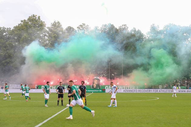 August 1, 2026, Men s, Soccer, 2026–2027 Season, Bavarian Regional League, Matchday 2: 1 FC Schweinfurt 1905 vs. TSV 1860 Munich; Choreographed display by Schweinfurt fans at the Schweinfurt Riedel Bau Arena in the Sachs Stadio, Bavaria, Lower Franconia, Germany
