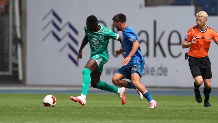 Eintracht vs. RAAL La Louvière, Friendly Match in Braunschweig, August 1, 2026, Soccer, Men s, 2026–2027 season, Friendly Match, Eintracht Braunschweig vs. RAAL La Louvière, Isnaila Coulibaly (La Louvière), Samuele di Benedetto (Eintracht Braunschweig), Germany
