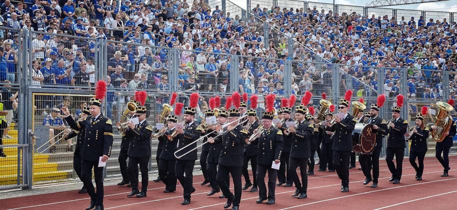 August 1, 2026 xkhx Kassel Regional League Southwest 2026–2027 Season Bundesliga Friendly Match KSV Hessen Kassel vs. FC Schalke 04 The Wintershall Miners Band enters the stadium