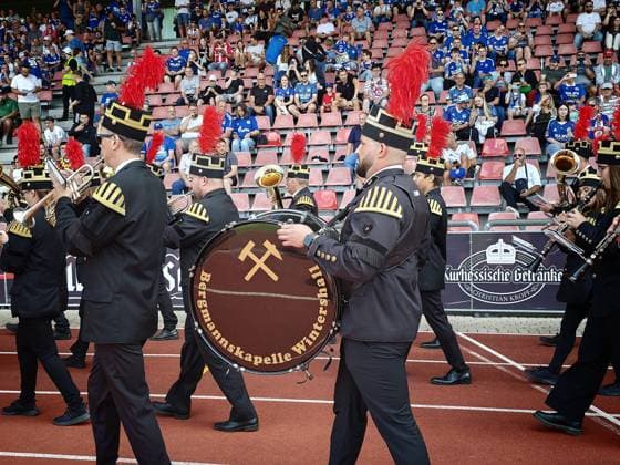 August 1, 2026 xkhx Kassel Regional League Southwest 2026–2027 Season Bundesliga Friendly Match KSV Hessen Kassel vs. FC Schalke 04 The Wintershall Miners Band enters the stadium