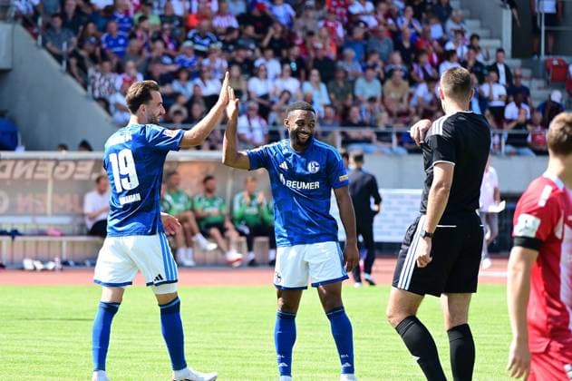 August 1, 2026 xkhx Kassel Regionalliga Southwest 2026–2027 Season Bundesliga Friendly Match KSV Hessen Kassel vs. FC Schalke 04 Goal Celebration: Kenan Karaman and Moussa Sylla S04
