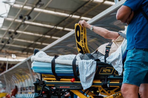 Netherlands vs. Germany Men s Soccer Friendly Match 2026 2027 Roda JC Kerkrade vs. Alemannia Aachen Parkstad Limburg Stadium, Fan on a stretcher in the stadium, Alemannia scarf Copyright: xThiemoxRudolphx