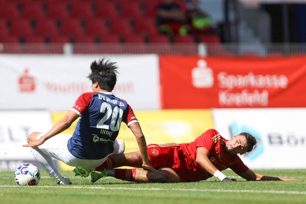 Yuta Inoue of KFC Uerdingen 05 and Reda Ouakil of Delay Sports Berlin battle for the ball during the friendly match between KFC Uerdingen 05 and Delay Sports Berlin at Grotenburg Stadium on August 1, 2026, in Krefeld, Germany Photo by Oliver Kaelke DeFodi Images Yuta Inoue of KFC Uerdingen 05 and Reda Ouakil of Delay Sports Berlin battle for the ball during the friendly match between KFC Uerdingen 05 and Delay Sports Berlin at Grotenburg Stadium on August 1, 2026 in Krefeld, Germany. Photo by Oliver Kaelke, DeFodi Images