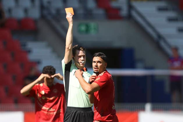 Reda Ouakil of Delay Sports Berlin receives a red card during the friendly match between KFC Uerdingen 05 and Delay Sports Berlin, Grotenburg Stadium on August 1, 2026, in Krefeld, Germany. Photo by Oliver Kaelke, DeFodi Images. Reda Ouakil of Delay Sports Berlin receives a red card during the friendly match between KFC Uerdingen 05 and Delay Sports Berlin at Grotenburg Stadium on August 1, 2026 in Krefeld, Germany. Photo by Oliver Kaelke, DeFodi Images