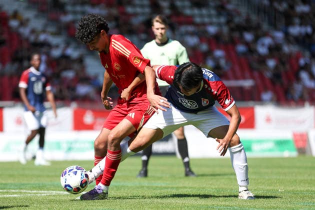 Ali Wazneh of Delay Sports Berlin and Yuta Inoue of KFC Uerdingen 05 battle for the ball during the friendly match between KFC Uerdingen 05 and Delay Sports Berlin at Grotenburg Stadium on August 1, 2026, in Krefeld, Germany. Photo by Oliver Kaelke, DeFodi Images. Ali Wazneh of Delay Sports Berlin and Yuta Inoue of KFC Uerdingen 05 battle for the ball during the friendly match between KFC Uerdingen 05 and Delay Sports Berlin at Grotenburg Stadium on August 1, 2026 in Krefeld, Germany. Photo by Oliver Kaelke, DeFodi Images