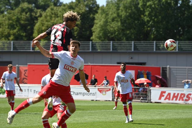 Montrell CULBREATH (LEV) scores the goal to make it 3–0 with a header, Soccer, Bundesliga 1, Friendly Match, Bayer Leverkusen (LEV) vs. Rot-Weiss Essen, 3–0, on August 1, 2026, in Leverkusen, Germany. DFL regulations prohibit any use of photographs as image sequences and or quasi-video.