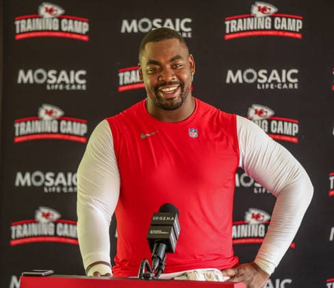 AUGUST 1, 2026: Kansas City Chiefs defensive tackle Chris Jones answers questions from the media after practice at Chiefs training camp in St. Joseph, MO. CSM St. Joseph United States - ZUMAc04_ 20260801_zma_c04_088 Copyright: xRomanxPunox