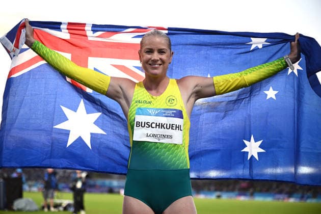 COM26 ATHLETICS, Brooke Buschkuehl of Australia poses for a photo after winning bronze in the Women™s Long Jump Final during the Glasgow 2026 Commonwealth Games at Scotstoun Stadium in Glasgow, Scotland, Saturday, August 1, 2026. ( NO ARCHIVING, EDITORIAL USE ONLY Glasgow United Kingdom  Copyright: xJOELxCARRETTx 20260802159836831410
