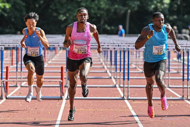 IFAM outdoor Oordegem 2026 Liu Hui Long (HONG KONG - Hongkong, China) runs 110m hurdles MEN , Raphael Mohamed (FRANCE) runs 110m hurdles MEN and Rasheem Brown (CAYMAN ISLANDS - Kaaimaneilanden) runs 110m hurdles MEN pictured during IFAM outdoor Oordegem , on Saturday 1 August 2026 in Oordegem , Belgium . PHOTO ISOSPORT Stijn Audooren Oordegem Belgium  Copyright: xStijnxAudoorenx 20260801_103426_SA2_4230