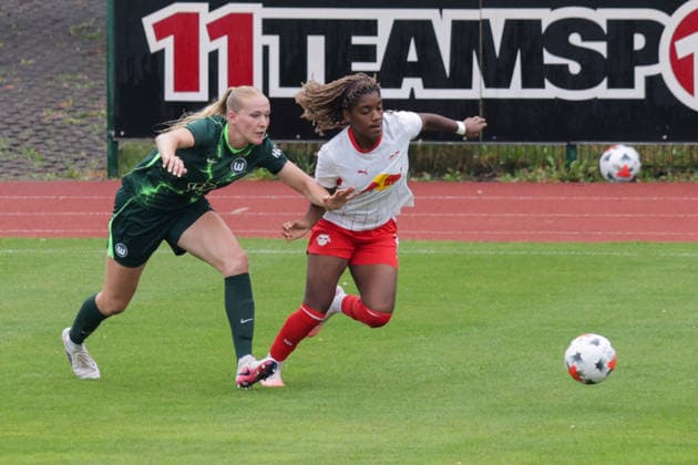 August 1, 2026, xgrfx, Women s Soccer Friendly Match, RB Leipzig vs. VfL Wolfsburg, featuring Camilla Küver (VfL Wolfsburg) and Delice Boboy (RB Leipzig). DFL and DFB regulations prohibit any use of photographs as image sequences and or quasi-video. Leipzig