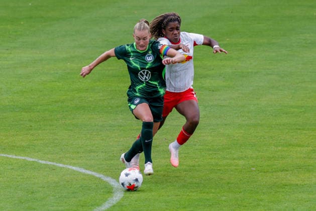August 1, 2026, xgrfx, Women’s Soccer Friendly Match, RB Leipzig vs. VfL Wolfsburg, Janina Minge (VfL Wolfsburg), Delice Boboy (RB Leipzig). DFL and DFB regulations prohibit any use of photographs as image sequences and or quasi-video. Leipzig