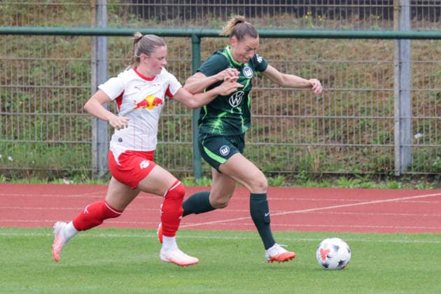 August 1, 2026, xgrfx, Women s Soccer Friendly Match, RB Leipzig vs. VfL Wolfsburg, Marie Kleemann (RB Leipzig), Sarai Linder, VfL Wolfsburg; DFL and DFB regulations prohibit any use of photographs as image sequences and or quasi-video, Leipzig