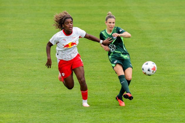 August 1, 2026, xgrfx, Women s Soccer Friendly Match, RB Leipzig vs. VfL Wolfsburg, Delice Boboy (RB Leipzig), Svenja Huth, VfL Wolfsburg, DFL and DFB regulations prohibit any use of photographs as image sequences and or quasi-video, Leipzig