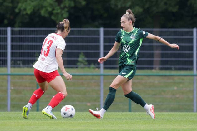 August 1, 2026, xgrfx, Women s Soccer Friendly Match, RB Leipzig vs. VfL Wolfsburg, Sandra Starke (RB Leipzig), Sophia Kleinherne, VfL Wolfsburg. DFL and DFB regulations prohibit any use of photographs as image sequences and or quasi-video. Leipzig