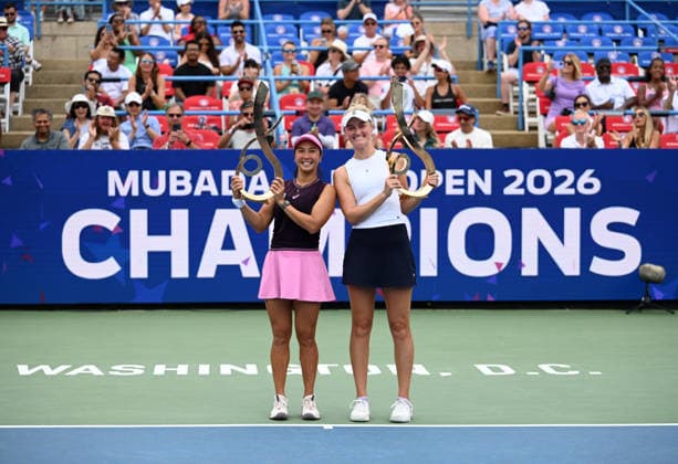 WASHINGTON, DC - AUGUST 01: Champions Aldila Sutjiadi of Indonesia and Erin Routliffe of New Zealand pose for a photo after the Women s Doubles Final match on day 6 of the Mubadala Citi DC Open 2026 at William H.G. FitzGerald Tennis Center on August 1, 2026 in Washington, DC.  Copyright: xChinaxNewsxServicex 111657683758