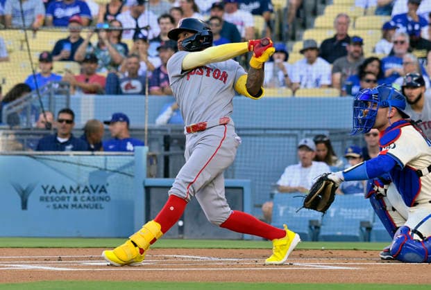 Boston Red Sox center fielder Ceddanne Rafaela hits a leadoff solo home run against Los Angeles Dodger starting pitcher Yoshinobu Yamamoto in the first inning at Dodger Stadium in Los Angeles on Saturday, August 1, 2026.  LAP2026080105 JIMxRUYMEN