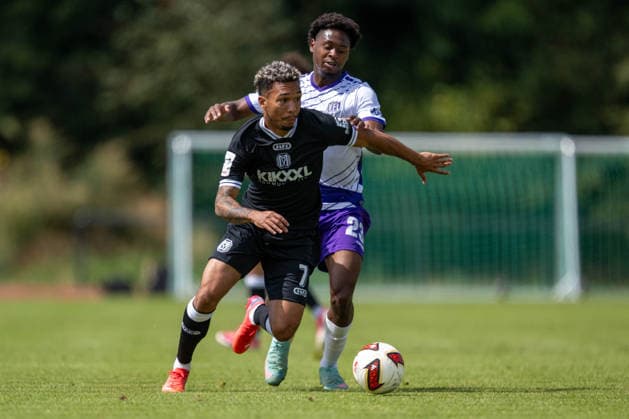 Friendly Match 26 27: VfL Osnabrück vs. SV Meppen on August 1, 2026, at Blau Weiss Schinkel in Osnabrück; Tony Lesueur (Osnabrück) in a tackle against Oliver Schmitt (Meppen) MT