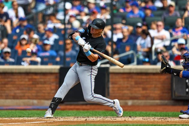 MLB, Baseball Herren, USA Miami Marlins Vs. New York Mets Miami Marlins player Kyle Stowers 28 singles during the second inning of a baseball game against the New York Mets at Citi Field in Flushing, New York, on August 1, 2026. Flushing N.Y. United States  Copyright: xGordonxDonovanx originalFilename:donovan-mlbmiami260801_nppoH.jpg