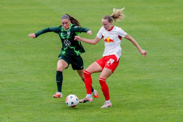 August 1, 2026, xgrfx, Women s Soccer Friendly Match, RB Leipzig vs. VfL Wolfsburg, Smilla Vallotto (VfL Wolfsburg), Nikoline Dudek (RB Leipzig). DFL and DFB regulations prohibit any use of photographs as image sequences and or quasi-video. Leipzig