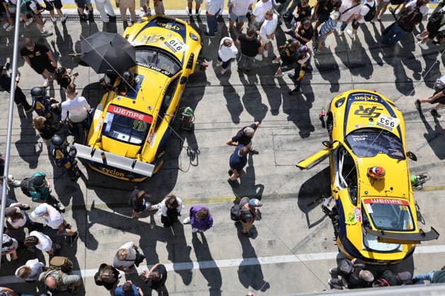 910 Alex Koch, Ispringen, GER; Niklas Koch, Riedstadt, GER; Klaus Koch, Erbach, GER; Ioannis Smyrlis, Hansu, GER, Porsche 911 GT3 Cup, Team Smyrlis Racing GER and 953 Oskar Sandberg NOR Alexander Fielenbach Neunkirchen Seelscheid GER, Porsche 718 Cayman GT4 CS, Team Smyrlis Racing GER GER, Motorsports, Nürburgring Endurance Series 2026, NLS, 6h ADAC Ruhr Cup Race, Race 7, Nürburgring, Germany, Rhineland-Palatinate, August 1, 2026 GER, Motorsports, Nürburgring Endurance Series 2026, NLS, 6-Hour ADAC Ruhr Cup Race, Race 7, Nürburgring, Germany, Rhineland-Palatinate, August 1, 2026, Nürburgring Copyright: xEibner-Pressefoto JuergenxAugstx EP_JAT