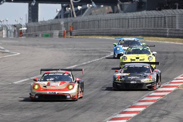 5 Mustafa Mehmet Kaya TUR Gabriele Piana CHE Mike Stursberg Wermelskirchen GER, Porsche 911 GT3 R, Team Black Falcon, Team EAE (GER), and 50 Michael Heimrich (Oberursel, GER), Arno Klasen (Karlshausen, GER), Aris Balanan (BEL), Audi R8 LMS GT3 EVO II, Team Equipe Vitesse (GER), GER, Motorsports, Nürburgring Endurance Series 2026, NLS, 6h ADAC Ruhr Cup Race, Race 7, Nürburgring, Germany, Rhineland-Palatinate, August 1, 2026 GER, Motorsports, 2026 Nürburgring Endurance Series, NLS, 6-Hour ADAC Ruhr Cup Race, Race 7, Nürburgring, Germany, Rhineland-Palatinate, August 1, 2026, Nürburgring Copyright: xEibner-Pressefoto JuergenxAugstx EP_JAT
