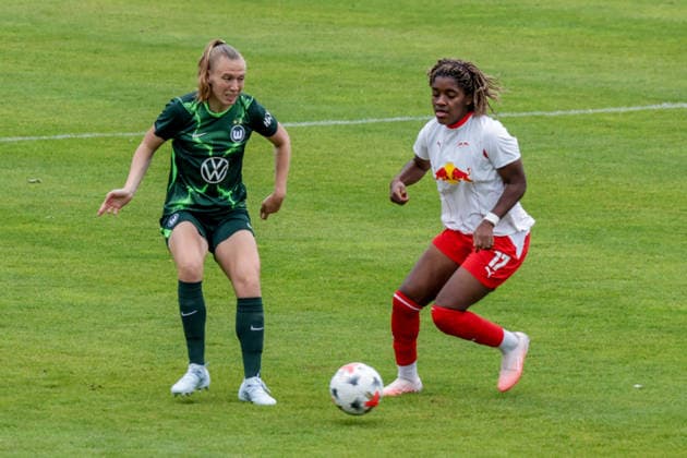August 1, 2026, xgrfx, Women’s Soccer Friendly Match, RB Leipzig vs. VfL Wolfsburg, Lieske Carleer (VfL Wolfsburg), Delice Boboy (RB Leipzig). DFL and DFB regulations prohibit any use of photographs as image sequences and or quasi-video. Leipzig