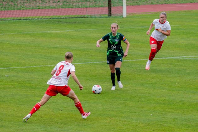 August 1, 2026, xgrfx, Women s Soccer Friendly Match, RB Leipzig vs. VfL Wolfsburg, Emilia Kiaer Geirsdottir (RB Leipzig), Janina Minge, VfL Wolfsburg; DFL and DFB regulations prohibit any use of photographs as image sequences and or quasi-video, Leipzig