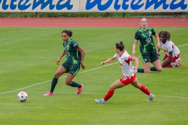 August 1, 2026, xgrfx, Women s Soccer Friendly Match, RB Leipzig vs. VfL Wolfsburg, Cora Zicai, VfL Wolfsburg, Sandra Starke, RB Leipzig. DFL and DFB regulations prohibit any use of photographs as image sequences and or quasi-video. Leipzig