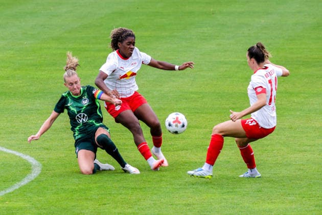August 1, 2026, xgrfx, Women s Soccer Friendly Match, RB Leipzig vs. VfL Wolfsburg, Janina Minge (VfL Wolfsburg), Delice Boboy, Sandra Starke, RB Leipzig. DFL and DFB regulations prohibit any use of photographs as image sequences and or quasi-video. Leipzig