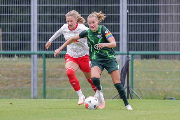 August 1, 2026, xgrfx, Women s Soccer Friendly Match, RB Leipzig vs. VfL Wolfsburg, Marie Kleemann (RB Leipzig), Janina Minge, VfL Wolfsburg; DFL and DFB regulations prohibit any use of photographs as image sequences and or quasi-video, Leipzig
