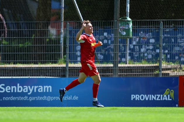 9 Lukas Krüger of FC Eintracht Norderstedt celebrates his goal, making the score 1–0. Soccer I Men’s I Regionalliga Nord I 2026–2027 Season I Matchday 1 I FC Eintracht Norderstedt vs. SV Atlas Delmenhorst I August 2, 2026 I Edmund Plambeck Stadium
