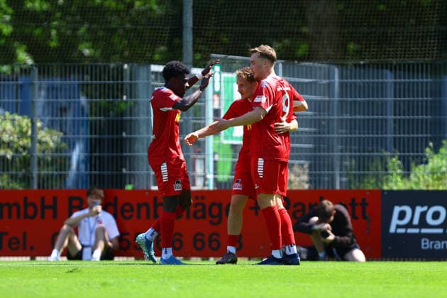 9 Lukas Krüger of FC Eintracht Norderstedt celebrates his goal—making the score 1–0—with his teammates. Soccer Men’s Regionalliga Nord 2026–2027 Season Matchday 1 FC Eintracht Norderstedt vs. SV Atlas Delmenhorst August 2, 2026 2026 Edmund Plambeck Stadium