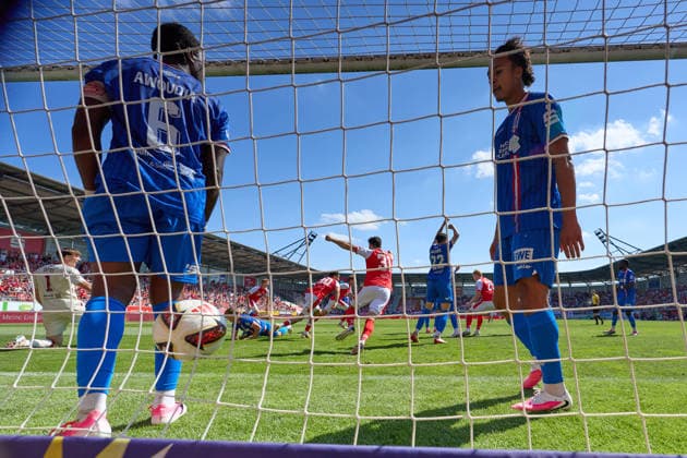 Maxime Awoudja (Erfurt, 6) and Nathan Claxton (Erfurt, 19) watch the ball hit the net as the score stands at 1–0 in the match between Hallescher FC and FC Rot Weiss Erfurt, soccer, Northeast Regional League, Matchday 2, 2026–27 season, August 2, 2026, Halle Leuna Chemie Stadium, ST Deutschland