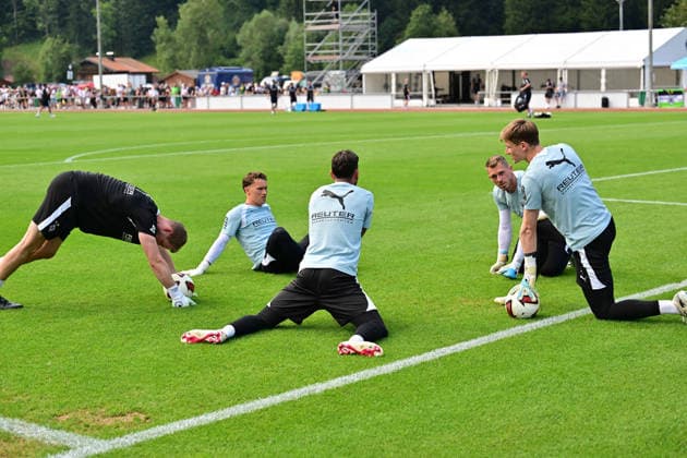 August 2, 2026 Rottach Egern Soccer, Men s, 2026–2027 Season, Borussia Mönchengladbach Training Camp The goalkeeper team (from left): Andre Wachter, goalkeeper coach for Gladbach; Jan Olschowsky, goalkeeper for Gladbach; Goalkeeper Tobias Sippel (Gladbach), Goalkeeper Daniel Batz (Gladbach), Goalkeeper Moritz Nicolas (Gladbach). DFL regulations prohibit any use of photographs as image sequences and or quasi-video. Am Birkenmoos Stadium, Bavaria, Germany