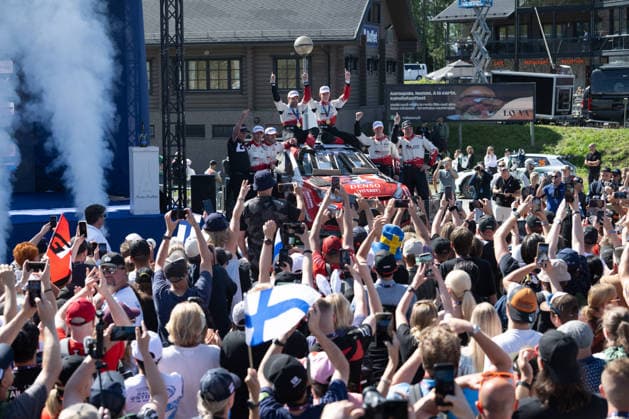 IPA87208042 - Driver Sami Pajari and Co-Driver Marko Salminen of the Toyota Gazoo Racing WRT team, driving a Toyota GR Yaris Rally1, celebrate their final podium finish during the FIA World Rally Championship WRC, Motorsport Rallye, WM Secto Rally Finland 2026 on August 2, 2026, in Jyväskylä, Finland Copyright: xLucaxBarsali IPAxSportx xx 87208042