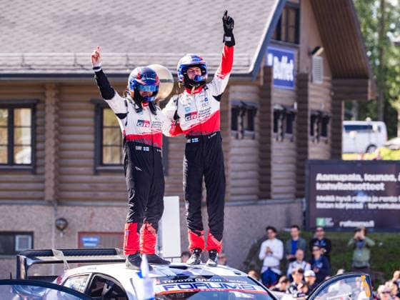 IPA87208047 - Driver Sami Pajari and Co-Driver Marko Salminen of the Toyota Gazoo Racing WRT team, driving a Toyota GR Yaris Rally1, celebrate their final podium finish during the FIA World Rally Championship WRC, Motorsport Rallye, WM Secto Rally Finland 2026 on August 2, 2026, in Jyväskylä, Finland Copyright: xLucaxBarsali IPAxSportx xx 87208047