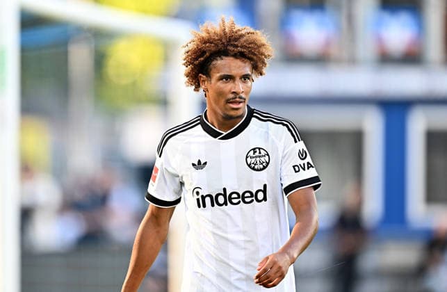 August 1, 2026, xfux, soccer friendly match, SV Waldhof Mannheim vs. Eintracht Frankfurt, from left: Jean Matteo Jean Matteo Bahoya, Eintracht Frankfurt. DFL and DFB regulations prohibit any use of photographs as image sequences and or quasi-video. Mannheim